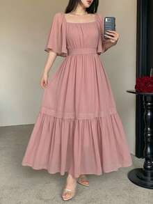 Vestido midi de encaje con bloques de color y estampado floral para mujeres, atuendo de vacaciones, Pascua y estilo bohemio - Rosa - Ver 6