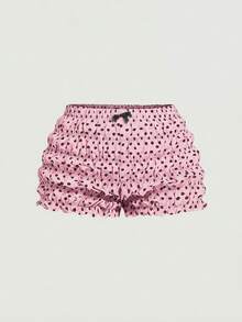 SHEIN MOD 大码女式百搭波点夏季休闲黑白波点蝴蝶结泡泡短裤，秋冬新年造型，西部风，可爱短裤，黑色荷叶边短裤，波点短裤 - 粉色 - 查看 5