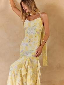 Enchnt Women's Floral Print Patchwork Ruffle Hem Elegant Camisole Dress, Suitable For Vacation,Summer Dress , Easter Dress Women ,Beach Dress ,Wedding Guest Dress For Women,Graduation Dress , Elegant Dresses, Formal Dress,Floral Dresses,Summer Dresses For Women - Yellow - View 7