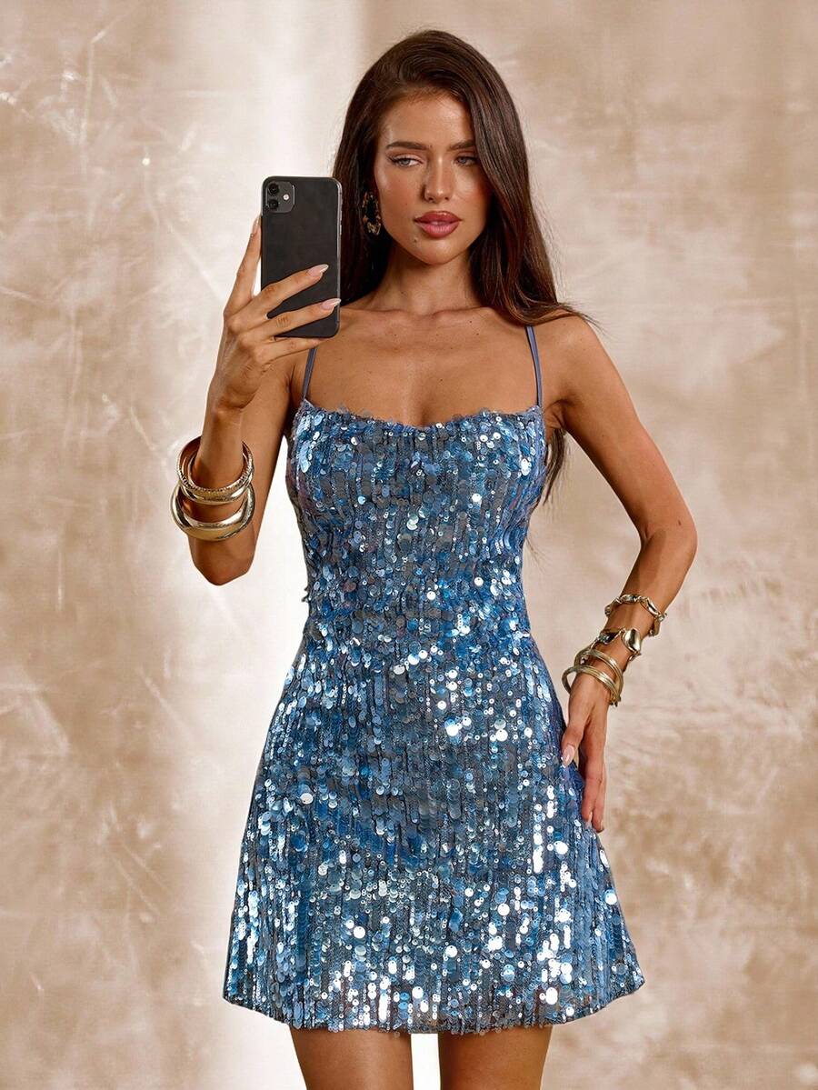SHEIN BAE Vestido mini ajustado de sirena con escote profundo sin mangas, con tirantes de lazo y lentejuelas, para playa y vacaciones de verano - Azul - Ver 1