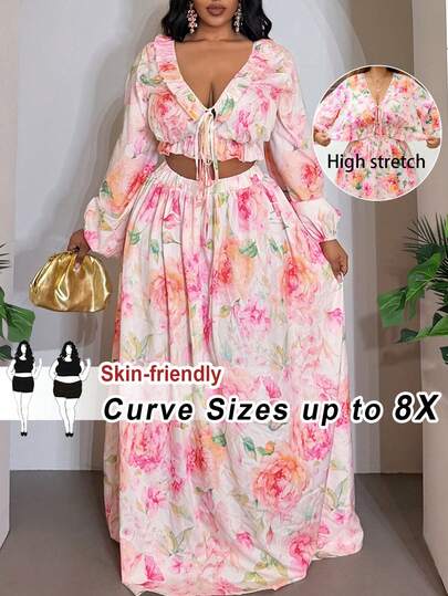 SHEIN CURVE+ Spring/Summer New Romantic Floral Print Cropped Top With Ruffle Hem And Wrap Tie Front, Paired With Maxi Skirt, 2-Piece Plus Size Set