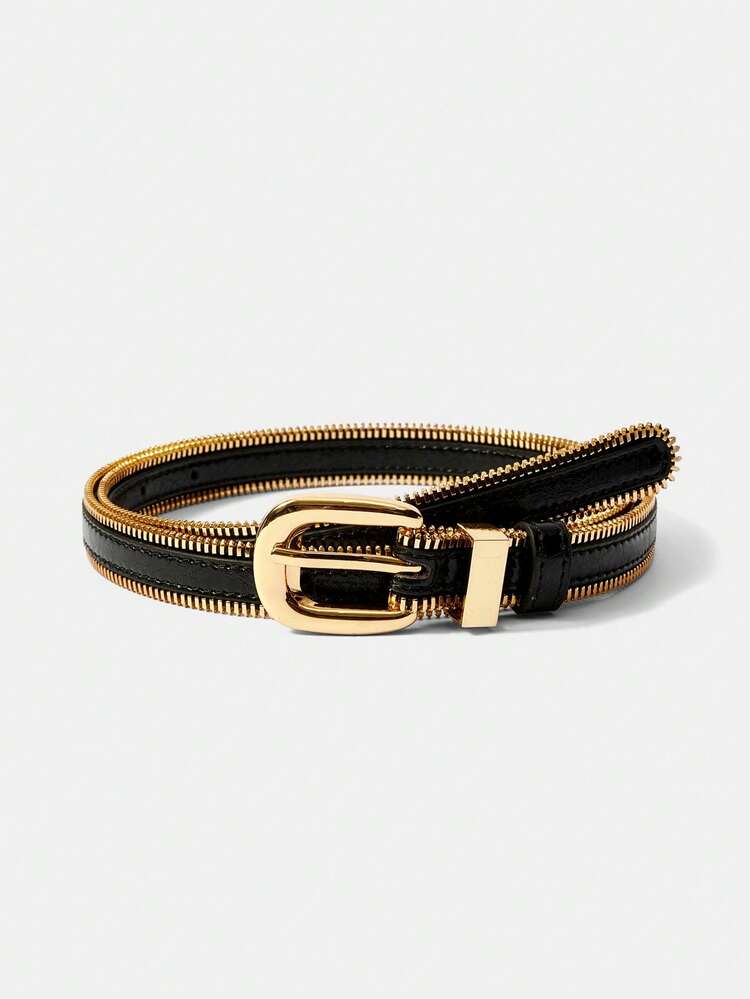 ZIPPER TRIMMED PU LEATHER BELT