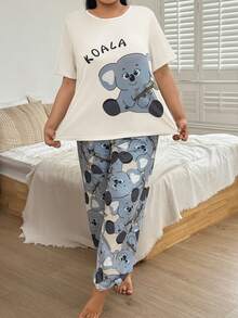 SHEIN Plus Size Gray Milk Silk Knit Koala Print Short Sleeve Pajama Set - Apricot - View 5