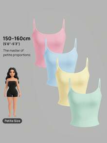 SHEIN PETITE 4件組女款純色百褶休閒百搭日常穿搭細肩帶背心，夏季上衣，適合嬌小女性 - 彩色 - 查看 9
