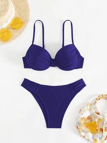 Swim SPRTY Bộ bikini 2 mảnh màu đen gợi cảm dành cho nữ, gồm áo quây và quần bơi xếp ly, thích hợp mặc đi biển mùa hè. - Màu xanh hải quân - Xem 4