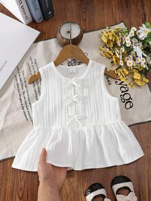 Genkimix Kids Young Girl White Sleeveless Top,Fresh Cute Summer Beach Holiday Outings,Lightweight Striped Fabric,3D Bow Decoration,Wide Ruffled Hem Casual Wear - White - View 8