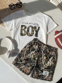 SHEIN 2pcs Young Boys White Summer Set,Casual Cute Graffiti Cartoon Pattern Round Neck Short Sleeve T-Shirt And Shorts Knit Set,Toddler Kids Outfits,School - Multicolor - View 6