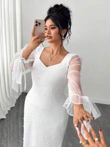 Elenzga Plus Size Elegant White Pearl Decor Square Collar Petal Sleeve Fitted Mermaid Dress Fall - White - View 6
