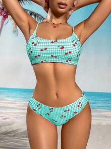 SHEIN Swim Mod Bộ bikini mùa hè dành cho nữ, họa tiết kẻ caro và quả anh đào, kiểu dáng gợi cảm, họa tiết ngẫu nhiên. - Màu xanh bạc hà - Xem 3