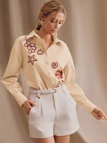 Anewsta Loose Women's Shirt With Beige Puff Sleeves And 3D Starfish Decor Vacation Autumn Elegant Tropical - Apricot - View 5