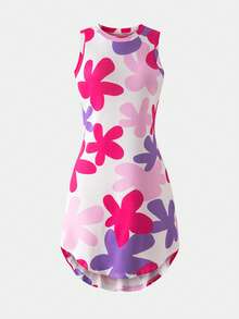 Vestido sin mangas con estampado floral y bajo asimétrico para niña preadolescente - Rosa Fucsia - Ver 7