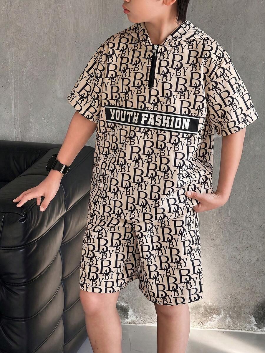 Mirajuku 两件套男童印花连帽polo衫和配套短裤，面料柔软舒适，适合夏季、户外、运动、摄影、上学及各种场合。 - 卡其色 - 查看 1