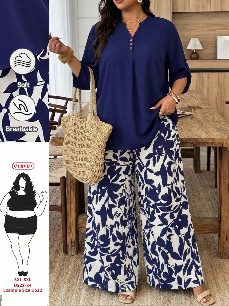 SHEIN CURVE+ 两件套加大码女式休闲V领短袖上衣和印花长裤度假套装，春秋季 - 藏蓝色 - 查看 1