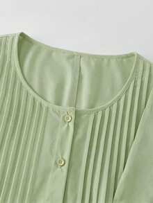 SHEIN LUNE CURVE 大码女式圆领纽扣衬衫，春夏款 - 綠色 - 查看 6