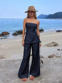 DAZY Women's Casual Denim Set With Asymmetric Hem Tube Top And Wide Leg Pants - Dark Wash - View 8