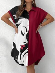 SHEIN LUNE Collared Portrait Red Lip Side Face Button Accent Short Sleeve Plus Size Dress - Multicolor - View 1