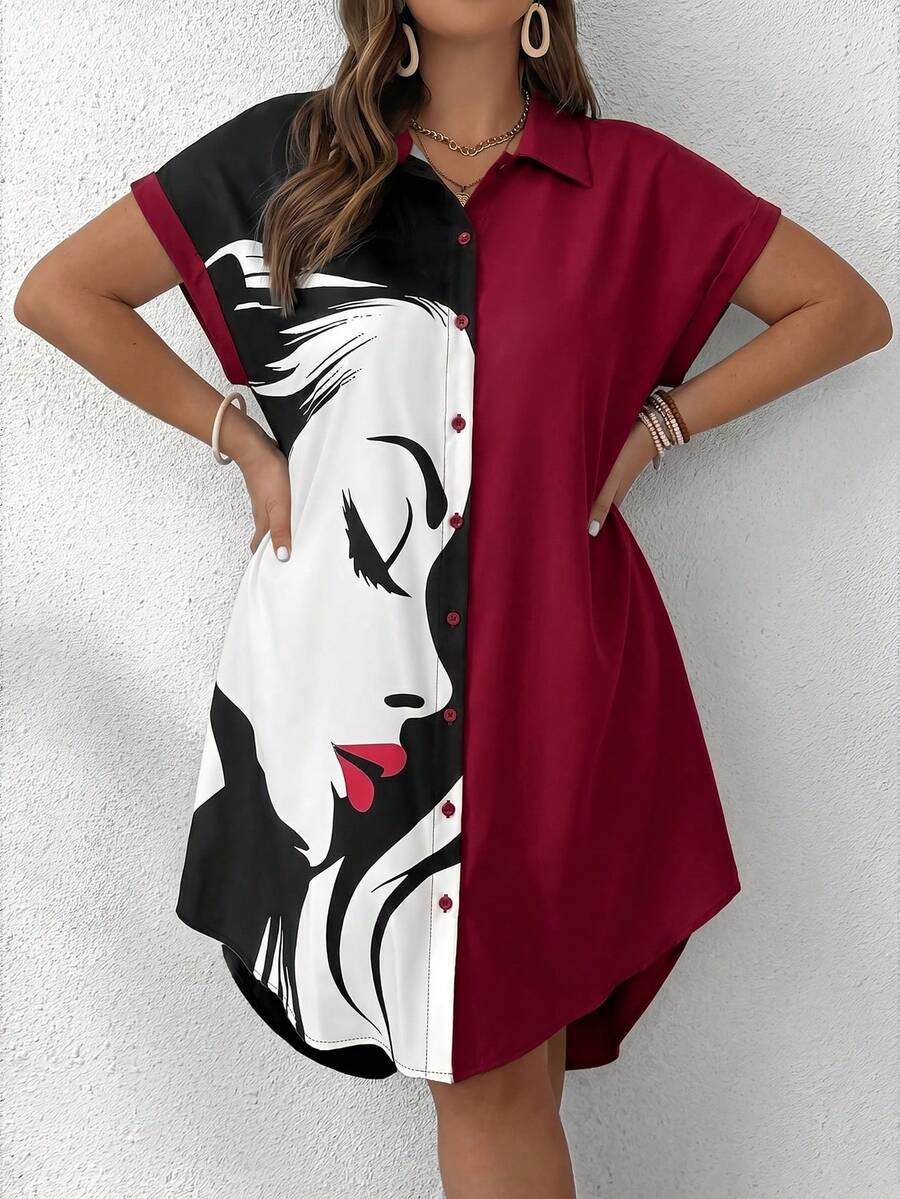 SHEIN LUNE Collared Portrait Red Lip Side Face Button Accent Short Sleeve Plus Size Dress - Multicolor - View 1