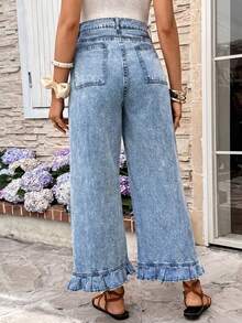 SHEIN Quần jean denim dáng rộng cho bà bầu, có bèo nhún ở gấu quần. - Rửa nhẹ - Xem 2