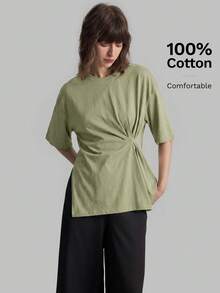Ontre Áo thun nữ 2026 SS mới, trơn đơn giản, eo bo, dáng rộng, phong cách casual, công sở casual, đi biển nghỉ dưỡng, lễ hội nhạc đồng quê - xanh quân đội - Xem 7