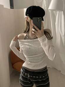 DAZY Women's Off-Shoulder Long Sleeve Ribbed Casual Versatile Daily T-Shirt - Apricot - View 2
