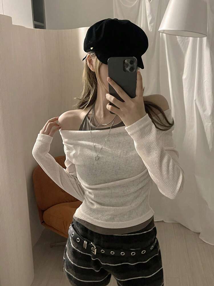 Women's Off-Shoulder Long Sleeve Ribbed Casual Versatile Daily T-Shirt