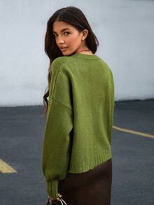 Pariaura Women Button Front Cozy Soft Touch Yarn Long Sleeve Palm Color Cardigan - Olive Green - View 2