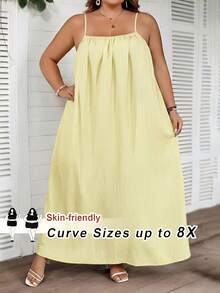 SHEIN CURVE+ 大码曲线/秋季服装/女士秋季服装/女士冬季服装/冬季服装大码纯色褶皱细节休闲吊带连衣裙，适合生日派对、毕业典礼、学生装、日常休闲、度假等场合。 - 淡黃色 - 查看 3