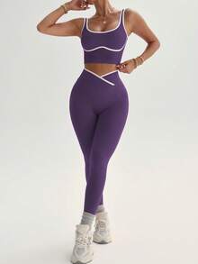Dewbera Dewbera Conjunto deportivo sin costuras con bloques de color para mujer - Morado - Ver 5