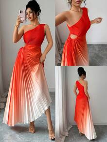 Modelyn Yellow Sleeveless Asymmetric Neck Pleated Ombre Dress For Women - Orange - View 8