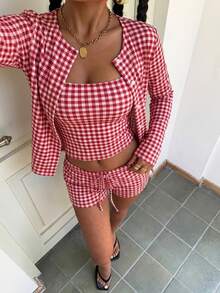 SHEIN Muchic 女士休闲三件套，红色格子套装，女士夏季休闲装 - 彩色 - 查看 4