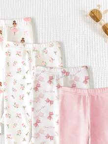 SHEIN Playful Pals 4件套女婴纯色弹力腰带打底裤/长裤/紧身裤，婴儿下装套装，可爱爱心印花设计，百搭甜美，春夏装扮，舒适透气，时尚女童套装，休闲穿着，儿童花卉图案服装，春夏套装，新款，清凉舒适，春日气息，暑假必备 - 彩色 - 查看 3