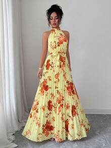 Elenzga Ärmellose Neckholder Taille A-Linie Blume Muster elegantes romantisches Kleid für Frauen - Verschiedenfarbig - Übersicht 3