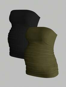 Modmama 2 piezas Camisetas de tirantes plisadas de unicolor, cómodas y ligeras, para embarazadas, de estilo casual y minimalista para uso diario - Verde militar - Ver 3