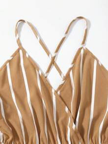 SHEIN VCAY جمبسوت صيفية كاجوال مخططة للنساء - كاكي - مشاهدة 4