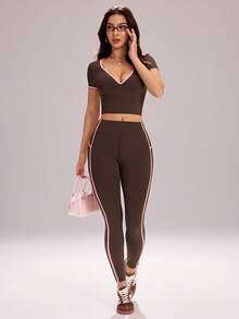 SHEIN 女士时尚百搭条纹撞色口袋修身裤 - 彩色 - 查看 6