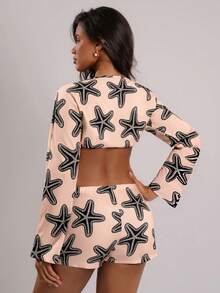 Bonvoyette Women's Beach Printed Short Cover Up With Tie, Long Sleeve Top; Starfish Printed Shorts; Beach Holiday 2-Piece Outfit Women's Holiday Co Ord - Apricot - View 2
