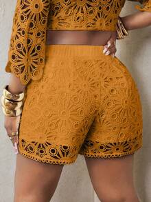 Plus Size Women's Summer Beach Vacation Style Water-Soluble Lace High Waist Shorts - Yellow - View 2