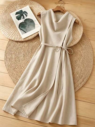 Franclia 女士无袖优雅垂褶领收腰连衣裙，女士春夏连衣裙，女士优雅连衣裙，女士休闲连衣裙，适合优雅休闲通勤穿着，适合约会、下午茶、日常百搭穿着，也适合海滩度假