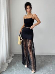 SHEIN Elenzya Chân váy midi đuôi cá thanh lịch, cạp cao, phối ren tương phản dành cho nữ. - màu đen - Xem 8