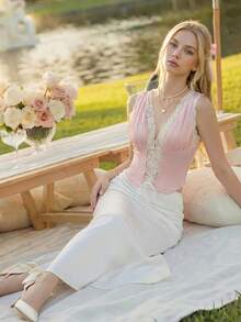 Sweetina 女士蕾丝拼接交叉系带吊带背心 - 粉色 - 查看 4