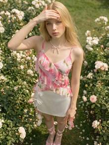 Sweetina Top de tirantes asimétrico para mujer, estilo romántico de campo - Rosa - Ver 5