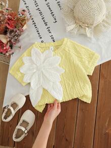 SHEIN Young Girl Solid Color Round Neck 3D Floral Casual Flowy T-Shirt Birthday Yellow Summer - Yellow - View 2