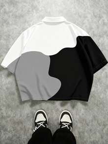Manfinity EMRG Men's Summer Black And White Short Sleeve Button Up Shirt,Casual Streetwear City Break Wave Pattern Abstract Graphic Print Camp Collar Loose Fit Top - Multicolor - View 2