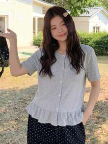 Dazy Plus Solid Color Patchwork Frill Trim Casual Fitted Long Sleeve T-Shirt, Spring & Autumn Summer - Light Grey - View 3