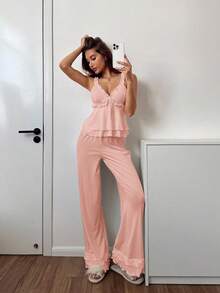 Aloruh Bohemian Casual Ruffle Strap Pants Women Pajama Set - Pink - View 3