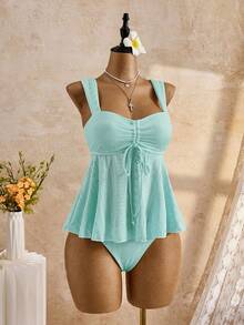 Bellisia Women's Teal Summer Tropical Beach Holiday Vacation Bikini Set,Elegant Vintage Jacquard Embroidery Camisole & Pleated Shorts Swimwear,Boho Y2K Style - Mint Blue - View 2