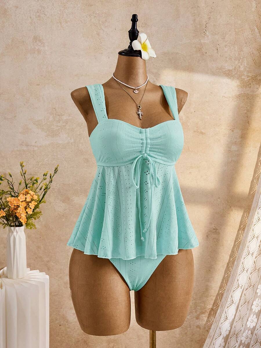 Bellisia Women's Teal Summer Tropical Beach Holiday Vacation Bikini Set,Elegant Vintage Jacquard Embroidery Camisole & Pleated Shorts Swimwear,Boho Y2K Style