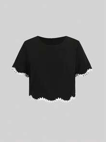 SHEIN 青少年女孩休閒日常百搭舒適修身圓領短袖T恤與長褲套裝 - 黑色 - 查看 5