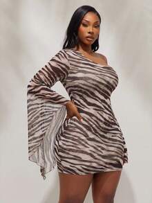 Radiana Plus Size Women's Classy Sexy Brown Autumn Night Out Rave Tea Party Club Open Shoulder Flare Sleeve Bodycon Mini Dress, Elegant Leopard Print - Multicolor - View 6