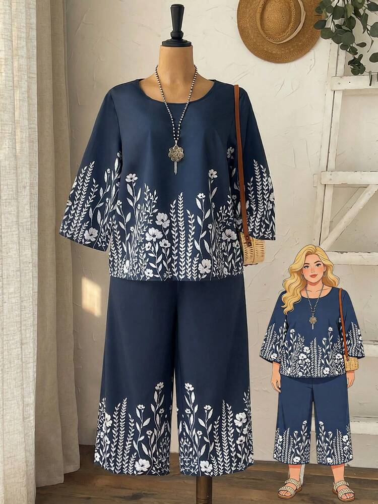 Plus Size Floral Print Round Neck Top And Wide Leg Pants Casual 2 Pieces Set Summer Summer Outfits Spring Clothing Spring Outfit Festival Outfits For Women Beach Outfit For Women Vacation Outfits Women Holiday Outfits For Women Summer Holiday Outfits Country Concert Outfit Women's Country Clothing Casual Sets For Women